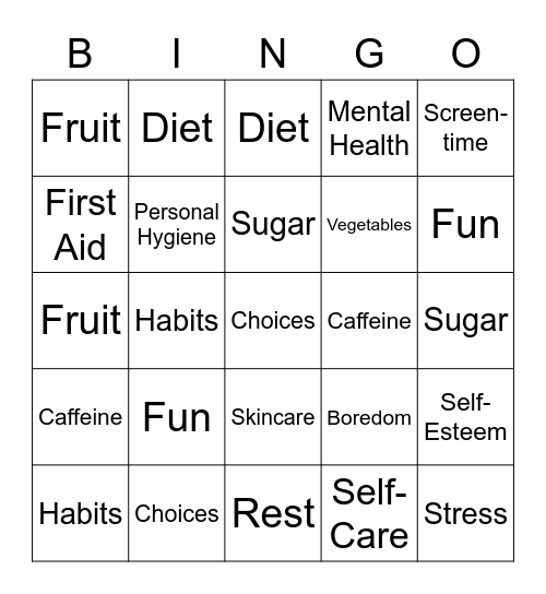 Health and Wellbeing Bingo Card