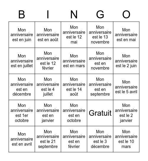 Mon anniversaire Bingo Card