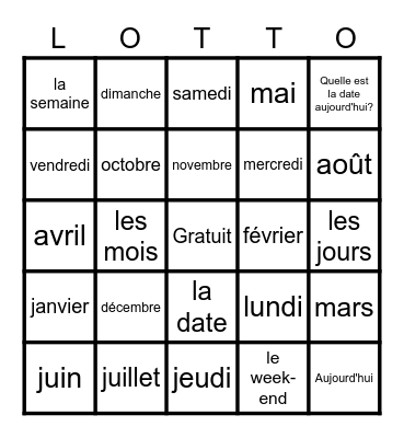 French months & days Bingo Card