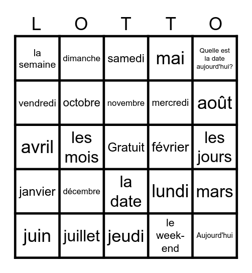 French months & days Bingo Card