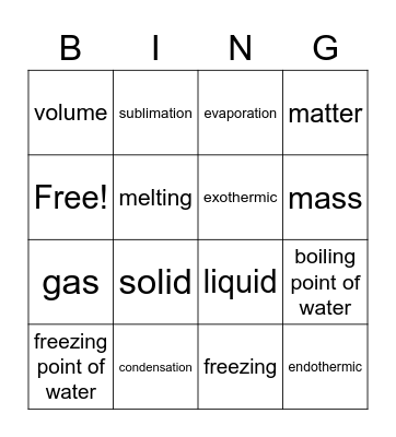 States of Matter Bingo Card