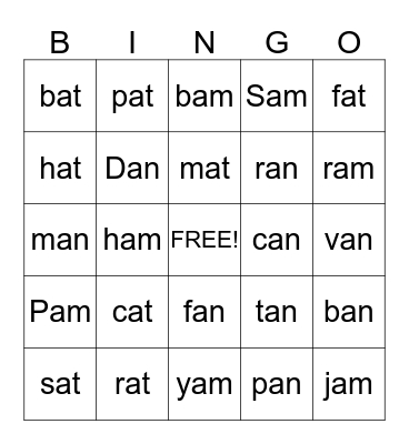 Word Family Bingo Card