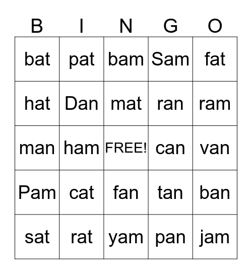 Word Family Bingo Card