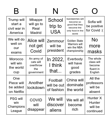 Blanchet English class 2022 predictions Bingo Card