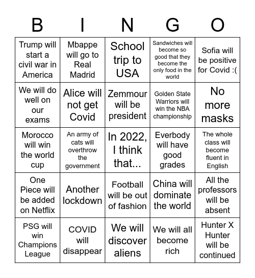 Blanchet English class 2022 predictions Bingo Card