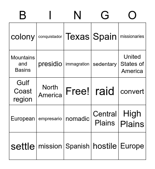 Colonization of Texas Bingo Card