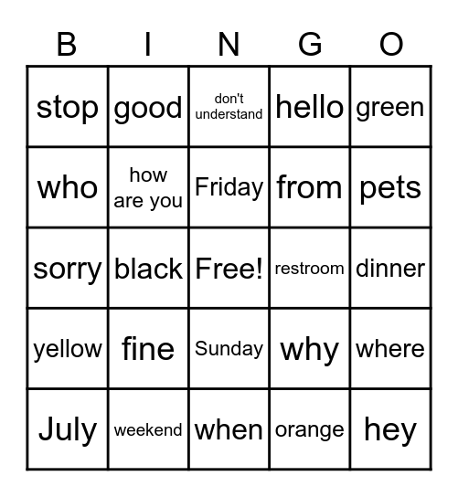 ASL 1 Bingo Card