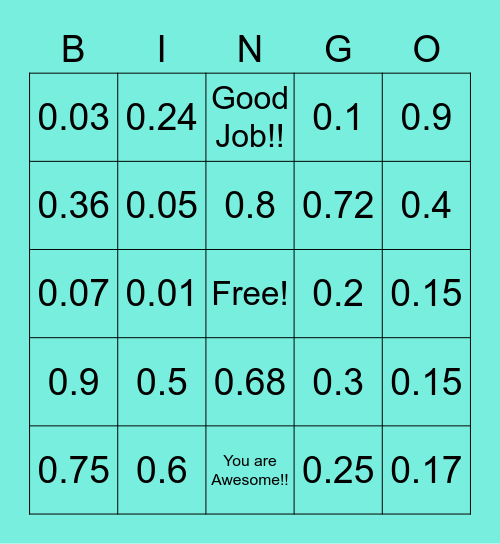 Fractions to Decimals Bingo Card