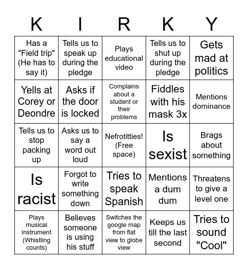 Mr. Kirkland Bingo Card