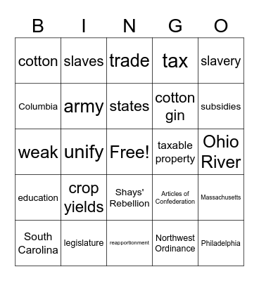 UC/LC and Articles of Confederation Bingo Card