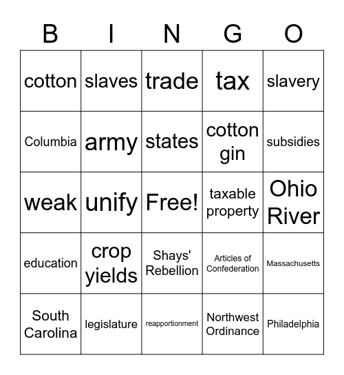 UC/LC and Articles of Confederation Bingo Card