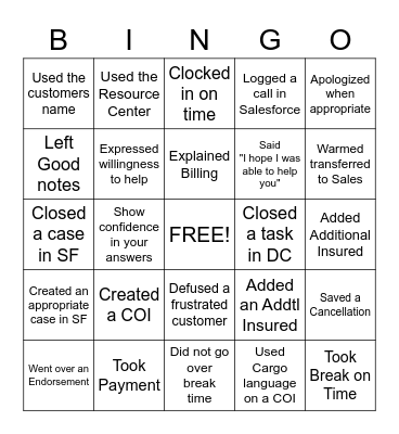Call Center Bingo Card