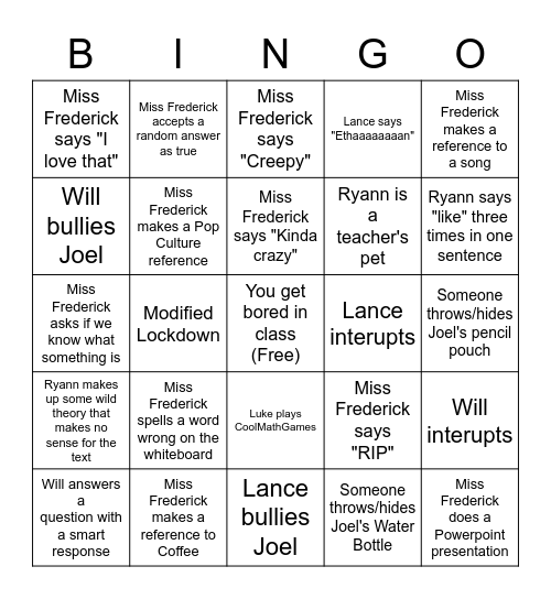 Miss Frederick's 2nd Period Bingo Card