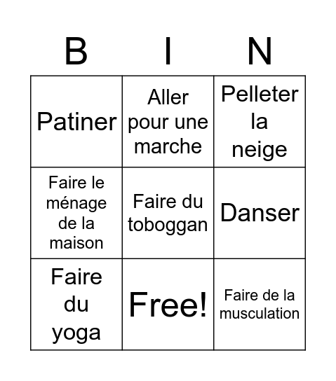 Activités physiques à la maison Bingo Card