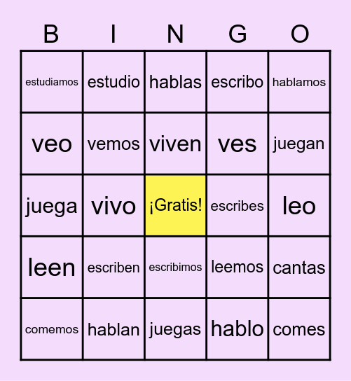 Regular -ar/-er/-ir verbs Bingo Card
