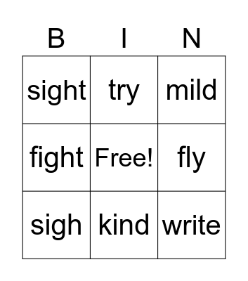 Long Vowel, "i" Bingo Card