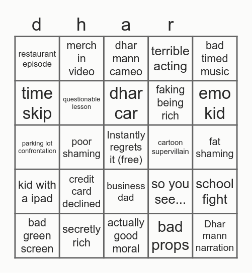 Dhar Mann bingo Card