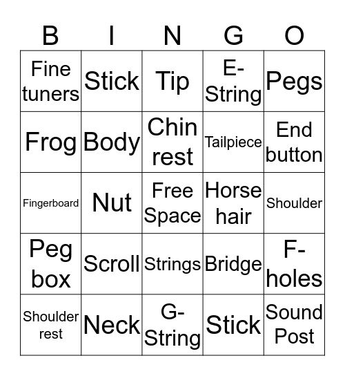 Parts of the Violin Bingo Card