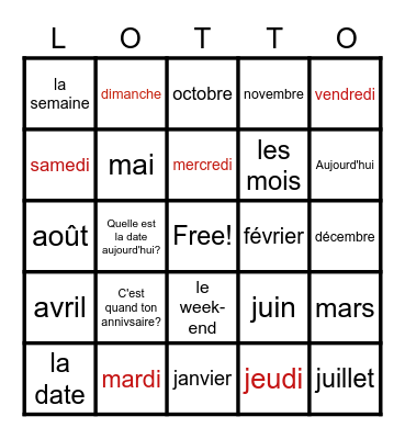 French months & days Bingo Card