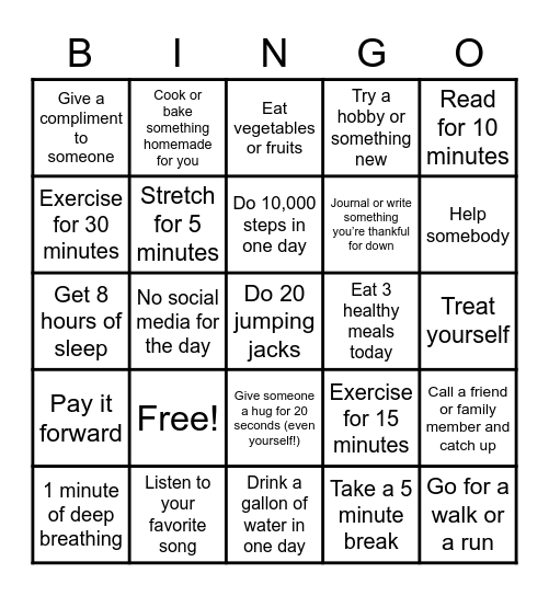NECC Wellness Bingo Card