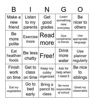 New Year's Resolutions Bingo Card