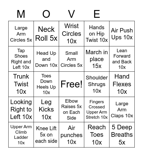 Exercise Bingo Card