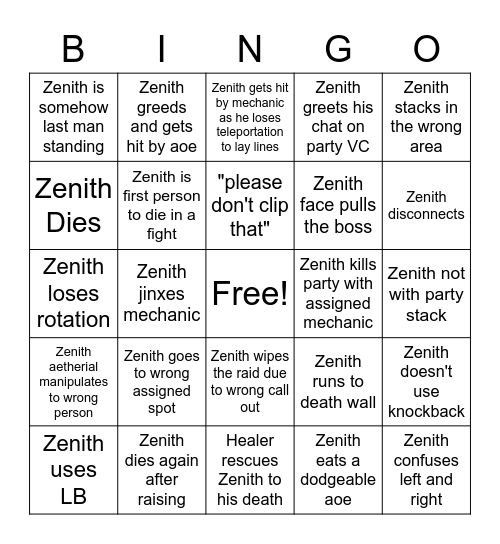 Zenith Raid Bingo Card