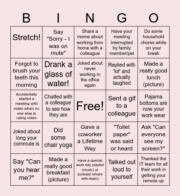 Remote Work Bingo Card