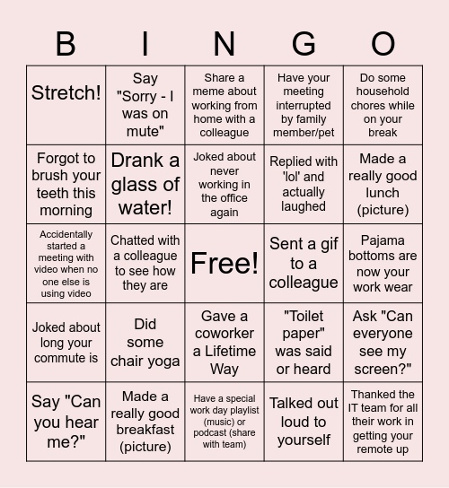 Remote Work Bingo Card