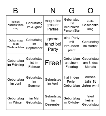 Geburtstag - Finde eine Person.. Schreibe den Namen! Bingo Card