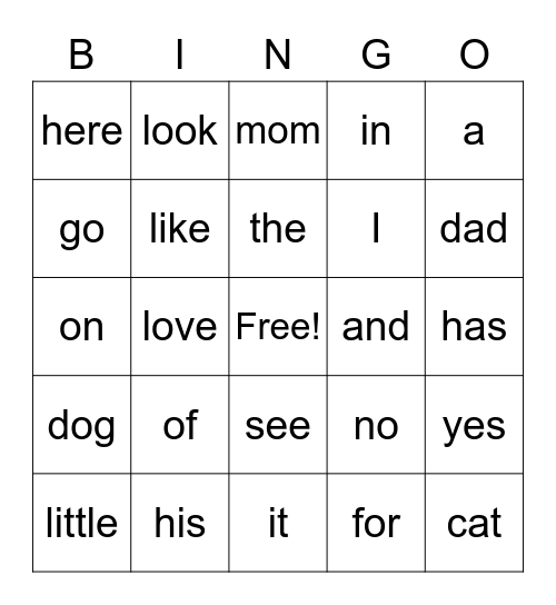 Sam's Words Bingo Card