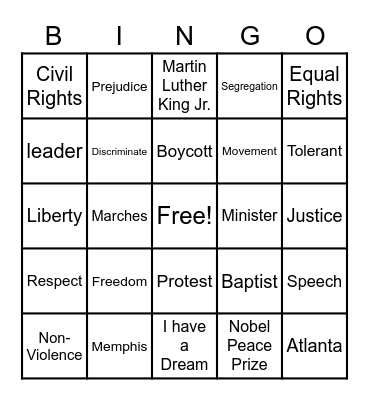Martin Luther King Bingo Card