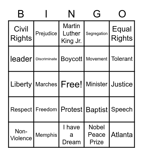 Martin Luther King Bingo Card