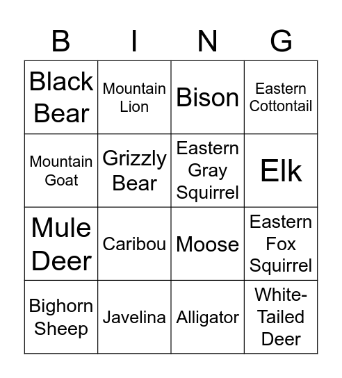 Big and Small Game Animals Bingo Card