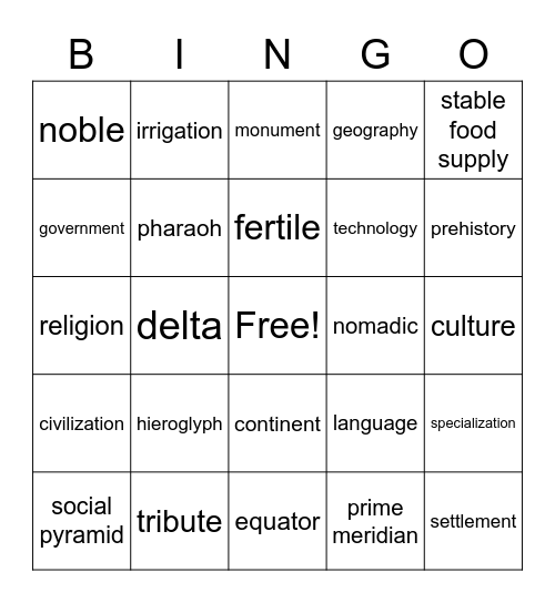 Egypt/Kush Bingo Card