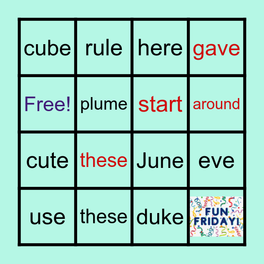 Week 17: Long U/E & Sight Words Bingo Card