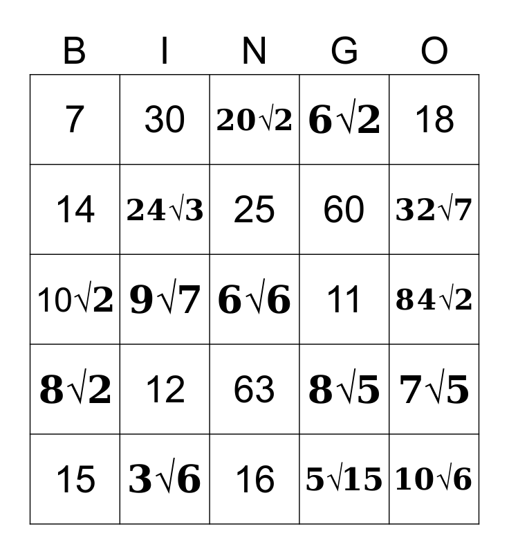 Simplifying Square Roots Bingo Card