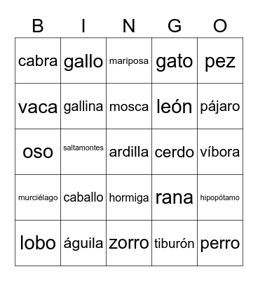 Animals Bingo Card