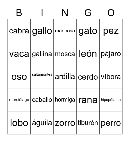 Animals Bingo Card