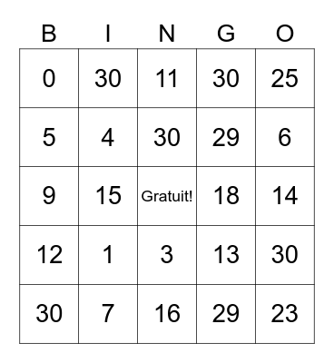 French numbers 1-30 Bingo Card