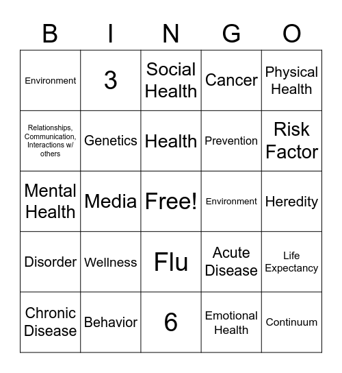 Intro to Health and Wellness Bingo Card