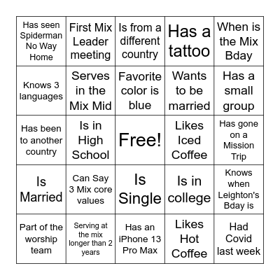 Mix Leadership Scavenger Hunt Bingo Card