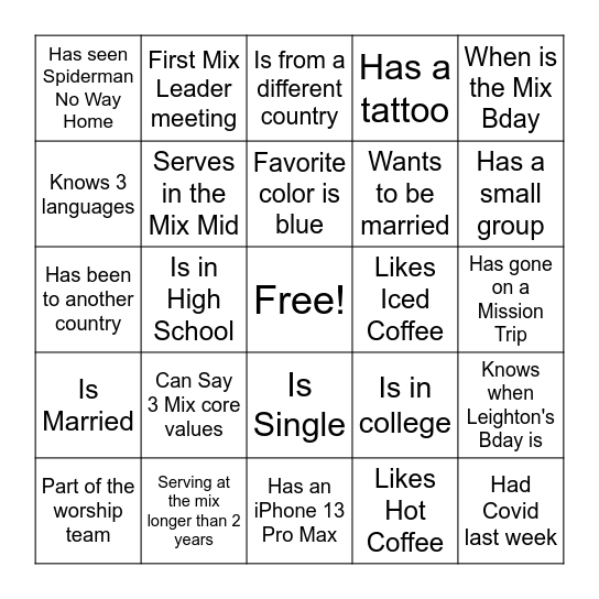 Mix Leadership Scavenger Hunt Bingo Card