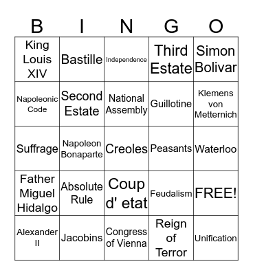 French Revolution & Latin America Movements Bingo Card