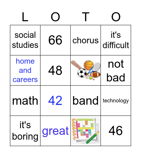 Classes/Opinions/Numbers Loto Bingo Card