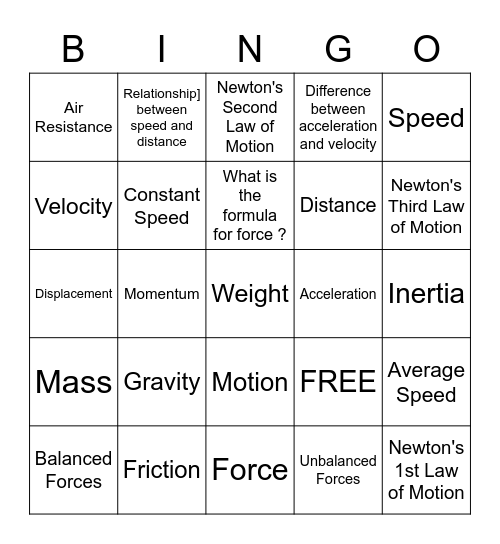 8th Motion and Forces Bingo Card
