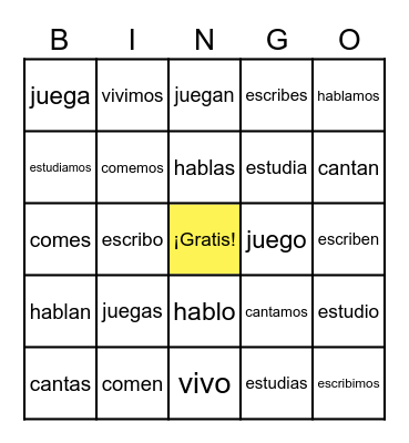 Regular -ar/-er/-ir verbs Bingo Card