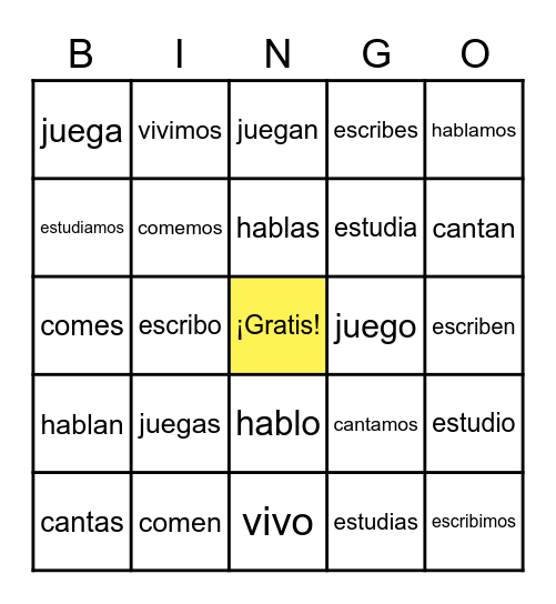 Regular -ar/-er/-ir verbs Bingo Card