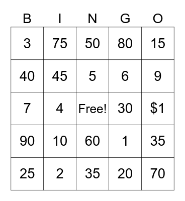 Counting Money Bingo Card