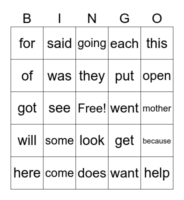 Sight Word BINGO #2 Bingo Card